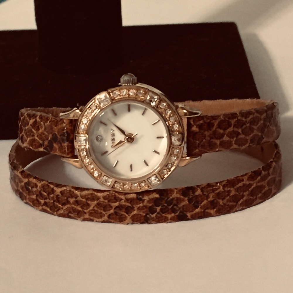 Leather wrap watch with rhinestones